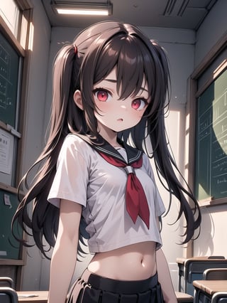 (masterpiece, best quality:1.4), high contrast, ultra details, cinematic lighting, illustration,
1girl,((20 years old)),dark red eyes, brown long hair, one side up, flat chest, school_uniform,midriff,(classroom)