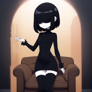 Lucy loud, Black hair, long bangs, bangs covering eyes, beautiful, dress, black dress, Short hair, relaxed pose, long sleeves with black and white lines, full bangs, full stockings, black stockings, Hair over eyes, Sleeves with black and white color patterns, sleeves with black and white lines, pale skin, skin very white, Sitting, looking towards us, relaxed, neutral expression, sitting on a sofa, flat body
