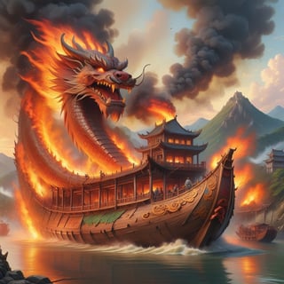 dragon ship, dragon boat, war, warship, fire, ancient chinese, river, ,japanese art,,<lora:659095807385103906:1.0>
