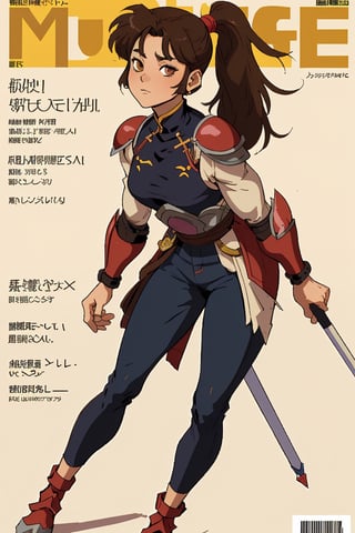 magazine cover, japanese text, character name, copyright name, colorful and stylized text,  best quality, masterpiece, 1girl, solo, movicomics, pop art, sango, brown hair, brown eyes, long hair, high ponytail, armor, leaning_forward, upper body only, 