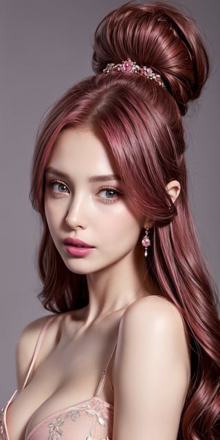 (masterpiece: 1.2, best quality: 1.2, beautiful, high quality, high resolution: 1.1, aesthetic), detailed, extremely detailed, ambient soft lighting, perfect eyes, perfect face, 1girl, long hair with extra long wavy, ((burgundy color hair)) ,hair accessories , normal breasts, earrings, black collar, looking at viewer,, from eye level, slim body ,sexy body, green eyes, waterfall, (Norzy Paris - Party wear self red Designer Women Dress),realhands,wo_fmmika01, ((close to the face)), (half body) , pale skin, high detail and deep cleavage, slim body, (cold color), she has light pink skin, long hair, beautiful eyelashes, beautiful face, ((smokey eyes)), (highly saturated lipstick), (pink lips), (luscious thick lips),no_clothes