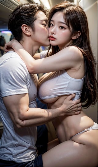 8K, UHD, real photo, (masterpiece:1.2), (best quality:1.2), 
(((Gorgeous, beautiful 21-year-old Korean girl)), (168cm, 48kg, nice body), (beautiful), (perfect eyes), (perfect face), 1girl,(long brown straight hair:1.3),(white skin:1.3)),(sexual abuse),
(random pose), (random view),
((She is kissing a man in the airplane bathroom. wearing a underboob T-shirt.)), ((kissing a man:1.5)), (((airplane bathroom:1.3)))