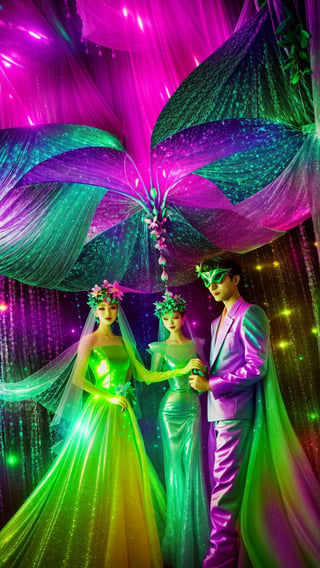 A futuristic masquerade ball unfolds beneath a canopy of bioluminescent orchids. Models in gowns of holographic petals dance amid pulsating neon lights, their every movement triggering bursts of floral brilliance. Glitchy, vibrant, high resolution.
