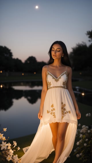 Masterpiece, Best Quality, highres, 1girl, full body, Beneath a star-studded sky, a girl with wind-swept black hair dances amidst a moonlit garden. Her silken slip dress, adorned with iridescent flower embroidery, shimmers like moonlight on water. The whisper of her bare feet on the dew-soaked grass blends with the chirping of crickets, creating a lullaby of the night. Her head tilted back, eyes closed in serene delight, she drinks in the intoxicating fragrance of blooming night jasmine. The camera focuses on the interplay of moonlight and shadow, the delicate details of the floral embroidery, and the ethereal, almost supernatural beauty of the girl in perfect harmony with nature's nocturnal magic,Realism,Detailedface,Portrait,Raw photo