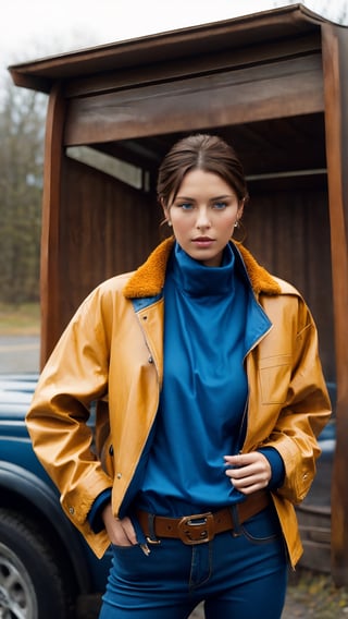 1girl, solo, breasts, blue eyes, brown hair, shirt, long sleeves, medium breasts, standing, jacket, cowboy shot, outdoors, parted lips, open clothes, day, belt, pants, medium hair, blurry, open jacket, lips, looking to the side, blurry background, turtleneck, blue shirt, ground vehicle, motor vehicle, hand in pocket, brown jacket, car, yellow jacket, vehicle focus