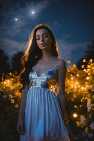 Masterpiece, Best Quality, highres, 1girl, full body, Beneath a star-studded sky, a girl with wind-swept black hair dances amidst a moonlit garden. Her silken slip dress, adorned with iridescent flower embroidery, shimmers like moonlight on water. The whisper of her bare feet on the dew-soaked grass blends with the chirping of crickets, creating a lullaby of the night. Her head tilted back, eyes closed in serene delight, she drinks in the intoxicating fragrance of blooming night jasmine. The camera focuses on the interplay of moonlight and shadow, the delicate details of the floral embroidery, and the ethereal, almost supernatural beauty of the girl in perfect harmony with nature's nocturnal magic,Realism,Detailedface,Portrait,Raw photo