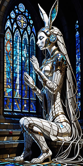 In a crumbling cathedral bathed in moonlight, the cyborg hare kneels before a shattered stained-glass window. Her porcelain face reflects the celestial agony depicted, tears of molten silver trailing down her cheeks. Wires connect her to the fallen glass, whispering forgotten prayers of a technological apocalypse. (Emphasize religious iconography, broken beauty, and the bittersweet contrast between technology and faith),xxmixgirl