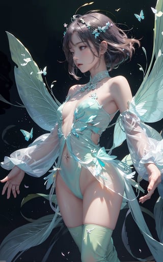 translucent creatures, translucent butterflies, glowing butterflies, cinematic of (fairy girl), cool_vibe, small_nose, realistic artwork, high detailed, professional, upper body photo of a transparent porcelain cute creature, upper_body, with glowing backlit panels, anatomical plants, dark forest, grainy, shiny, with vibrant colors, colorful, ((realistic skin)), glow surreal objects floating, ((floating:1.4)), contrasting shadows, photographic, niji style, 1girl, xxmixgirl, FilmGirl, aura_glowing, colored_aura, movie Still, final_fantasy_vii_remake, transparent_clothing, (transparent_butterflies are part of her body), sleeping:1.4, butterfly_helmet, ((depth_of_field)), epic pose, realism, dreamy,midjourney