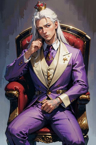 (masterpiece, best quality, highres:1.3), ultra resolution image, (1boy), male, (solo), white_hair, long hair, upper body, random emotion, sitting on throne, crown on the head,  purple suit clothes, tattoos, castle interior background, realistic 