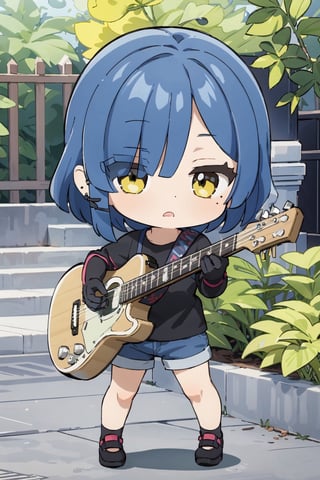 masterpiece, best quality illustration,1girl,kawaii girl,black shirt,slim,bangs,bangs in one eye,hair ornament,ear piercing,shorts,blue hair,yellow eyes,guitar,gloves,garden,chibi sticker