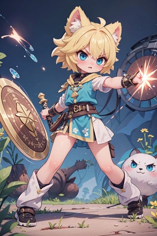 (masterpiece), (science fiction:1.4), light particles, 1girl, medium hair, sidelock, blue eyes, yellow hair, brown animal ears, hairpin, action pose, fighting stance, defensive stance, holding a shield, holding a sword, angry eyebrows, joyml