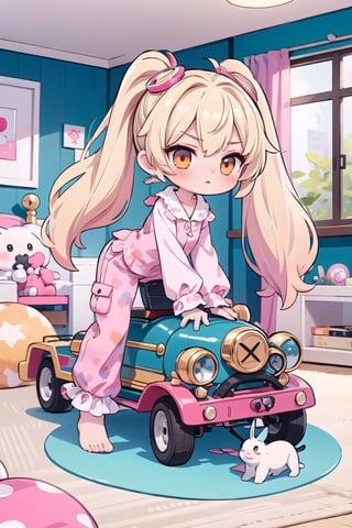 1 cute chibi girl, longest twin ponytail blonde hair, orange eyes, pink pajama outfit, pink pants, in room, childish room design, toy train, masterpiece, detail, crawling pose,