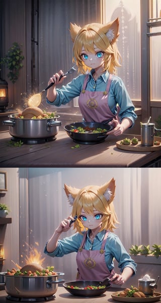 (masterpiece), (science fiction:1.4), light particles, 1girl, medium hair, sidelocks, yellow hair, blue eyes, >_o eyes, closed mouth, thinking pose, hand on chin, brown animal ears, pink apron, cooking food in the kitchen, cooking utensils, kitchen utensils, electric stove, pan, joyml