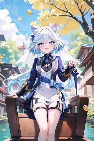 Furina, 1 girl, medium messy white hair, slightly blue, blue eyes, cat ears, bride, herself, long white dress, from below, beautiful face, outdoors, colorful flowers, happy, falling leaves, standing, sitting, holding an umbrella, sitting on a boat, lake, furina\ (genshin impact\)