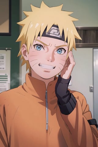 (masterpiece), high resolution, high detail, NARUTO UZUMAKI, face, konoha headband, grin, orange sweater