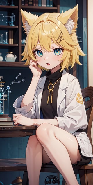 (masterpiece), (science fiction:1.4), light particles, 1girl, medium hair, sidelocks, yellow hair, blue eyes, o_o eyes pose, brown animal ears, happy, upper body, sitting, table, one hand on face knees on the table, books, joyml