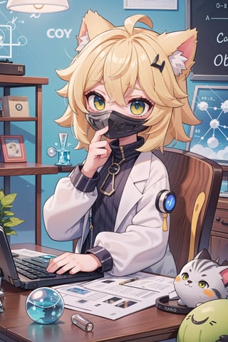(masterpiece), (science fiction:1.4), light particles, 1girl, medium hair, sidelocks, yellow hair, cat ears, genius pose, sitting, mask in hair, playing computer, upper body, chair, table, indoors, newspaper decoration on the wall, hacker math formula, computer data, joyml, keyboard typing,