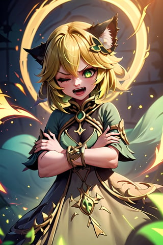 handiwork, best quality, 1girl, green cat eyes, short hair, yellow hair, flower hair ornament, nahida dress, animal ears, green light electrical energy, crossed arms, open mouth, angry, one eye closed, from the front, background dark, upper body, angry face,