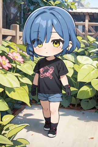 masterpiece, best quality illustration,1girl,kawaii girl,black shirt,slim,bangs,bangs in one eye,hair ornament,ear piercing,shorts,blue hair,yellow eyes,guitar,gloves,garden,chibi sticker