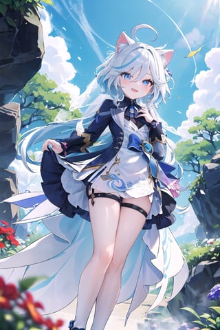 Furina, 1 girl, medium messy white hair, slightly blue, blue eyes, cat ears, bride, herself, long white dress, from below, beautiful face, outdoors, colorful flower garden, happy, arms spread, leaves falling, standing, shoes, rocks, furina\ (genshin impact\)