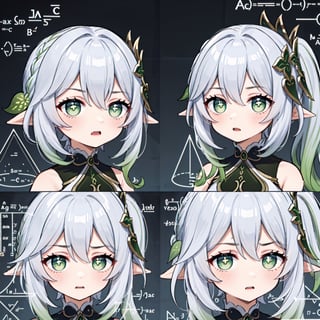 (masterpiece) 1 beautiful girl, NAHIDA GENSHIN IMPACT, her face, top , looking ahead, white background, Math memes,  Face Angry, open mouth, math formulas, explained,MathLadyMeme