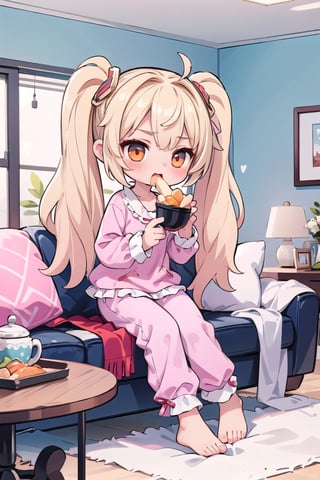 1 cute chibi girl, blonde hair long twin ponytails, orange eyes, pink pajama clothes, pink pants, sitting on the floor, in front of the table, food, eating, holding a tablespoon, mouth open, behind the sofa, living room, masterpiece, details,