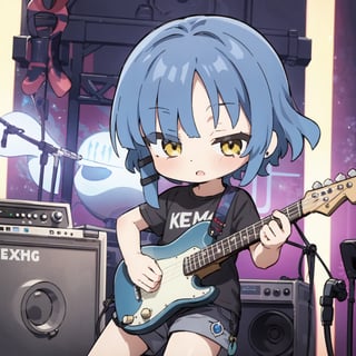 chibi stickers, yellow eyes, short blue hair, hair ornament, black shirt, shorts, guitar, one eye closed