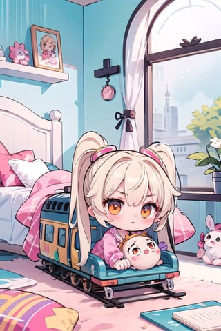 1 cute chibi girl, longest twin ponytail blonde hair, orange eyes, pink pajama outfit, pink pants, in room, childish room design, toy train, masterpiece, detail, crawling pose,