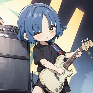 chibi stickers, yellow eyes, short blue hair, hair ornament, black shirt, shorts, guitar, one eye closed