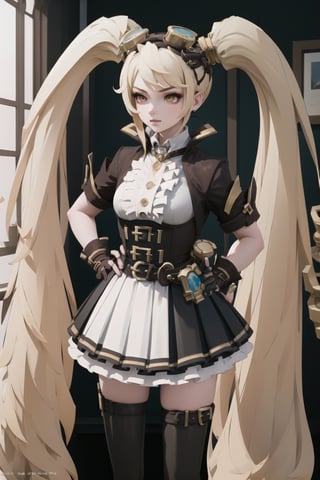 1 gril, Blonde hair, very long hair, twin tails, lots of hair, orange eyes, Short brown long-sleeved jacket, medium bust, white collared shirt, belt, medium brown and white pleated skirt, Long socks, indoors, equipment, magazine wall hangings, Layla_Energy_Gunner, Layla_ML, NJI BEAUTY, Arms behind your back 
