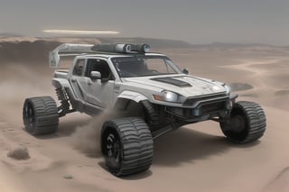 future looking racing vehicle, driving in desert, with bracket instead of handlebar, the vehicle has no cockpit, blessedtech,pdrally,CURIOSITY