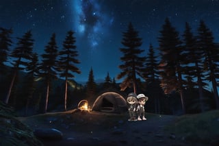 two cute 3D characters, black tent, camping, campfire, forest, night, stars, moon
