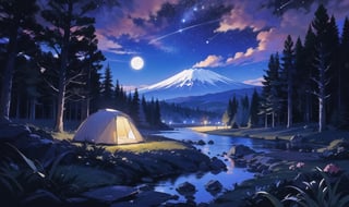 Camping in the moonlight, Stars and galaxy, with Mount Fuji visible behind the tent and stream. In the style of Japanese anime, with night colors, the night sky has the full moon's light shining on the campsite. A glowing fire illuminates the river flowing through the meadow near the mountain peak. High resolution, high detail, and sharp focus with studio lighting