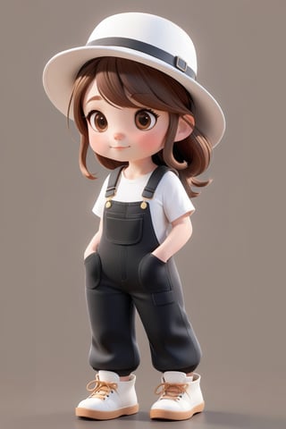 pixar style, cute, girl, Long brown hair, black dungarees, white tee, Bucket Hat, 3d style,3d