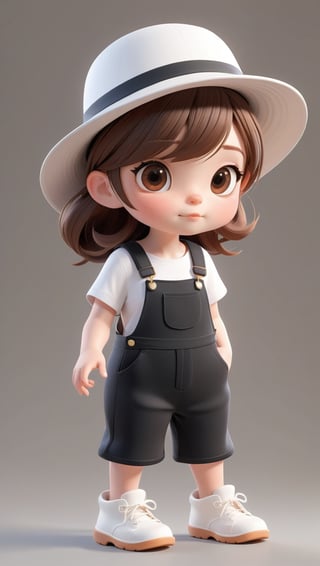 pixar style, cute, girl, Long brown hair, black dungarees, white tee, Bucket Hat, 3d style,3d