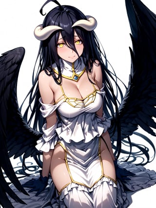 score_9,score_8_up,score_7_up,score_6_up, masterpiece, best quality
,//Character, 
1girl, solo,albedo \(overlord\), long hair, black hair, hair between eyes, yellow eyes, horns, ahoge, black wings, feathered wings, low wings
,//Fashion, 
white gloves, white dress, bare shoulders, detached collar, cleavage, slit pupils
,//Background, white_background
,//Others,
kneeling, tearful