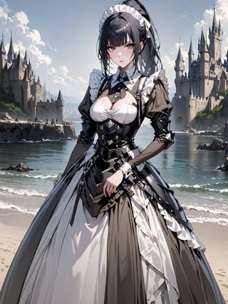 score_9,score_8_up,score_7_up,score_6_up, masterpiece, best quality, highres
,//Character, 
1girl, solo,narberal gamma \(overlord\), long hair, black hair, glay eyes, bangs, ponytail, medium breats
,//Fashion, 
maid
,//Background, 
,//Others, ,Expressiveh, 
A girl building a sandcastle on a beach, but the castle is emerging as a full-sized, realistic medieval fortress.