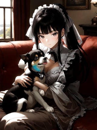 score_9,score_8_up,score_7_up,score_6_up, masterpiece, best quality, highres
,//Character, 
1girl,narberal gamma \(overlord\), long hair, black hair, glay eyes, bangs, ponytail, medium breats
,//Fashion, 
maid
,//Background, 
,//Others, ,Expressiveh, 
A sleepy girl cuddling with a large, gentle dog on a cozy couch, both wrapped in a soft blanket.