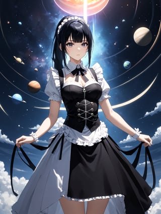 score_9,score_8_up,score_7_up,score_6_up, masterpiece, best quality, highres
,//Character, 
1girl, solo,narberal gamma \(overlord\), long hair, black hair, glay eyes, bangs, ponytail, medium breats
,//Fashion, 
maid
,//Background, 
,//Others, ,Expressiveh, 
A girl unzipping the sky like a giant zipper, revealing a cosmic realm filled with planets and nebulae behind it.