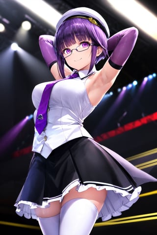 (best quality),(masterpiece),(ultra detailed),(highres),production art,solo,1girl, solo, hat, glasses, necktie, armpits, thighhighs, purple hair, smile, green-framed eyewear, looking at viewer, skirt, purple eyes, arms behind head, medium breasts, gloves, arms up, idol, breasts, bangs, stage, black thighhighs, semi-rimless eyewear, white headwear, zettai ryouiki, elbow gloves, sleeveless, stage lights, under-rim eyewear, beret, detached sleeves, standing, white skirt, shirt, ,so-bin