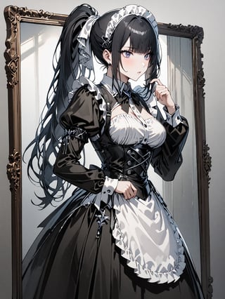 score_9,score_8_up,score_7_up,score_6_up, masterpiece, best quality, highres
,//Character, 
1girl, solo,narberal gamma \(overlord\), long hair, black hair, glay eyes, bangs, ponytail, medium breats
,//Fashion, 
maid
,//Background, 
,//Others, ,Expressiveh, 
A girl playing chess with her own reflection in a mirror, but the reflection is moving the pieces independently.