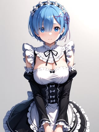 masterpiece, best quality, detailmaster2, 8k, 8k UHD, ultra detailed, ultra-high resolution, ultra-high definition, highres, 
//Background, white_background,
//Character, ,rem \(re_zero\), 1girl, solo, blue eyes, blue hair, short hair, 
//Fashion, ,roswaal mansion maid uniform, hair ribbon
//Others, ,score_6_up