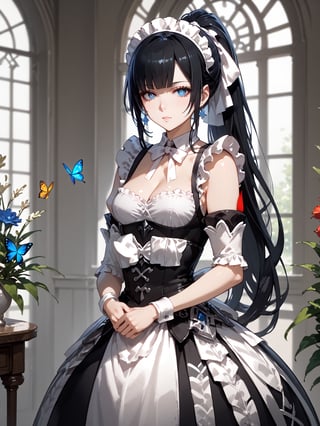 score_9,score_8_up,score_7_up,score_6_up, masterpiece, best quality, highres
,//Character, 
1girl,narberal gamma \(overlord\), long hair, black hair, glay eyes, bangs, ponytail, medium breats
,//Fashion, 
maid
,//Background, 
,//Others, ,Expressiveh, 
A girl releasing a butterfly she's raised from a caterpillar, her expression a mix of happiness and bittersweet farewell.