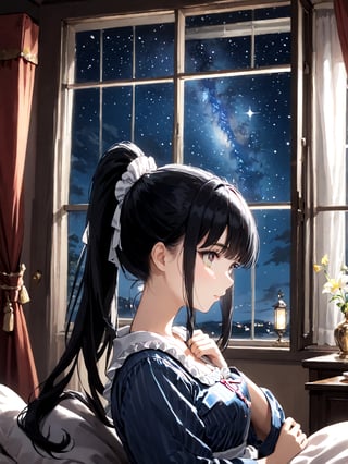 score_9,score_8_up,score_7_up,score_6_up, masterpiece, best quality, highres
,//Character, 
1girl,narberal gamma \(overlord\), long hair, black hair, glay eyes, bangs, ponytail, medium breats
,//Fashion, 
maid
,//Background, 
,//Others, ,Expressiveh, 
A girl in pajamas stargazing from her bedroom window, her wonder-filled eyes reflecting the night sky.