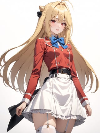 //Quality, masterpiece, best quality, detailmaster2, 8k, 8k UHD, ultra detailed, ultra-high resolution, ultra-high definition, highres, 
//Character, 1girl, solo,Terakomari, long hair, blonde hair, red eyes, ahoge, 
//Fashion, red coat, belt buckle, blue bowtie, long sleeves, white skirt, bow, white thighhighs, garter straps, boots, 
//Background, white background, 
//Others, 