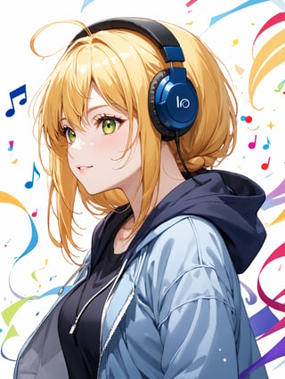 masterpiece, best quality, highres
,//Character, 
1girl, solo
,//Fashion, 
,//Background, white background
,//Others, ,Expressiveh, 
,AobaTsukuyo,
A girl wearing headphones, with music notes visibly flowing out and transforming the world around her into colorful, abstract shapes.