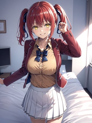 //Quality,
masterpiece, best quality, detailed
,//Character,
1girl, solo, AmasawaIchika, yellow eyes, red hair, twintails, medium breasts, bangs, hair between eyes, shiny hair, 
,//Fashion,
school uniform, red jacket, blazer, open jacket, long sleeves, open clothes, collared shirt, brown shirt, blue bowtie, hair ribbon, red ribbon, pleated skirt, white skirt, miniskirt, black footwear, black socks, loafers
,//Background,
room, bed
,//Others,
standing, grin