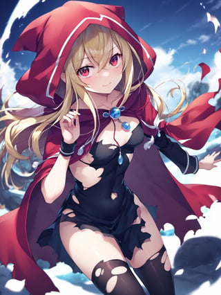 score_9,score_8_up,score_7_up,score_6_up, masterpiece, best quality, 8k, 8k UHD, ultra-high resolution, ultra-high definition, highres
,//Character, 
1girl, solo,Evileye \(overlord\), blonde hair, red eyes, hair between eyes, small breasts
,//Fashion, 
hood, black dress, torn clothes, covered navel, red cloak, hooded cloak, black thighhighs, torn thighhighs, 
hood up
,//Background, white_background
,//Others, ,Expressiveh,
dynamic pose, energy ball charging