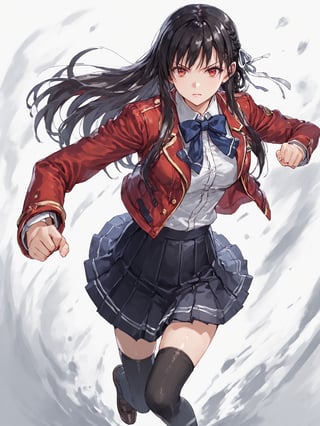 score_9,score_8_up,score_7_up,score_6_up, masterpiece, best quality, 8k, 8k UHD, ultra-high resolution, ultra-high definition, highres
,//Character, 
1girl, solo, long hair, black hair, shiny hair, red eyes, bangs, braid
,//Fashion, 
school uniform, red jacket, hair ribbon, white shirt, pleated skirt, thighhighs
,//Background, white_background
,//Others, ,Expressiveh,
fighting stance, dynamic pose,suzune horikita