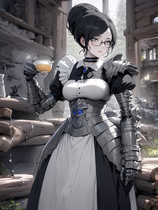 //Quality,
masterpiece, best quality, detailed
,//Character,
,Yuri Alpha \(overlord\), 1girl, solo, grey eyes, glasses, black hair, hair bun, breasts
,//Fashion,
dress, broach, choker, maid, armor, gauntlets, corset
,//Background,
log house, pouring tea
,//Others,
